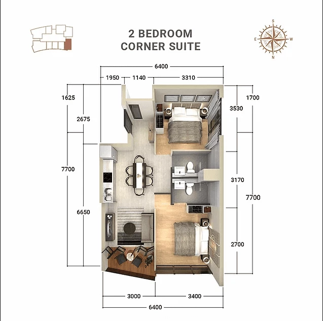 Denah Type 2 Bedroom Corner Suite B